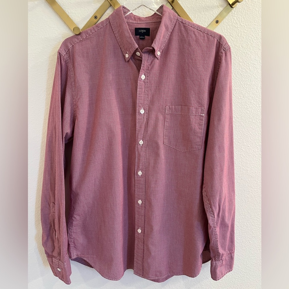 J Crew Red White Micro Gingham Button Up Shirt Large